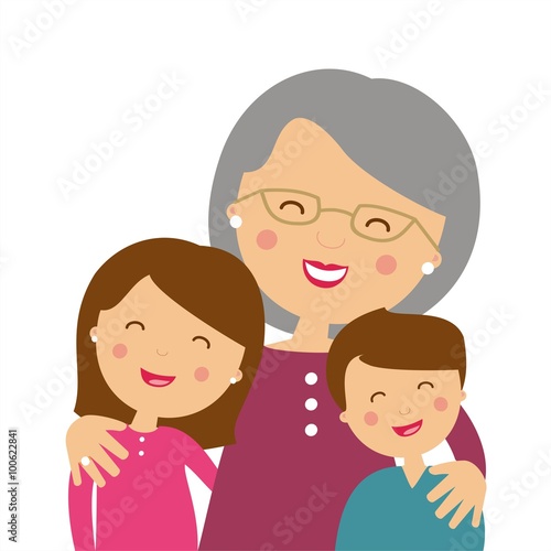 Mujer anciana con el pelo gris y sus nietos. Día de la abuela