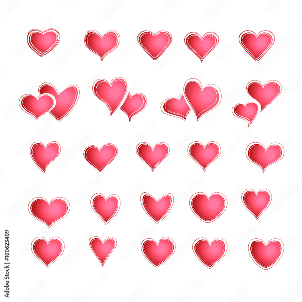 Vector set of red hearts in different shapes and styles.