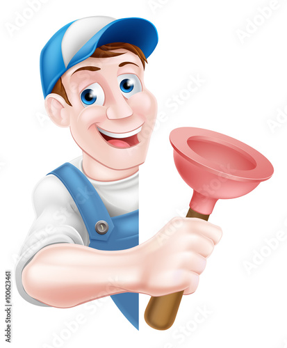 Cartoon Plumber Holding Plunger