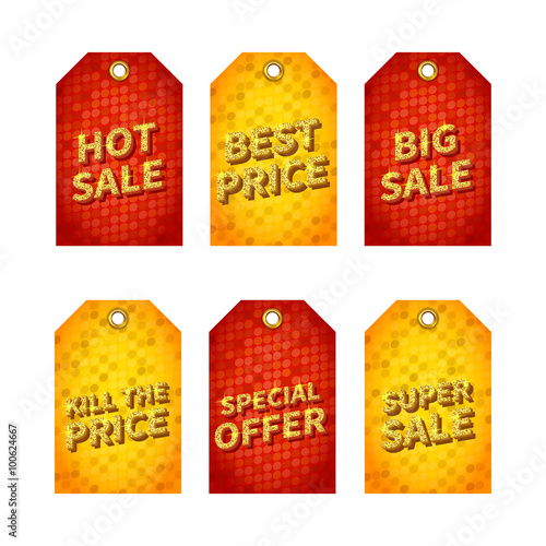 Set of glitter sale tags with gold glitter text. Vector illustration. Collection of sale stickers and labels with gold sparkles advertising.