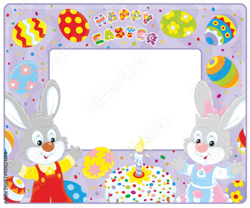 Horizontal vector frame border with Easter bunnies, a fancy cake and colorfully painted eggs