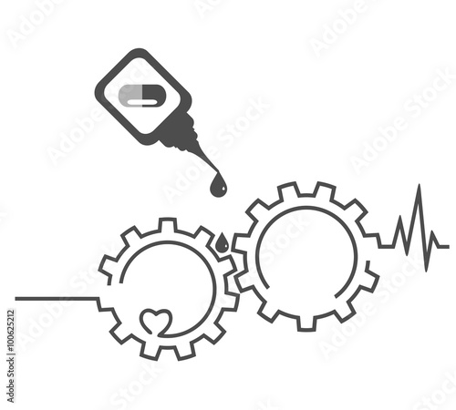 Health concept. Heart, medicament, cardiogram, gear