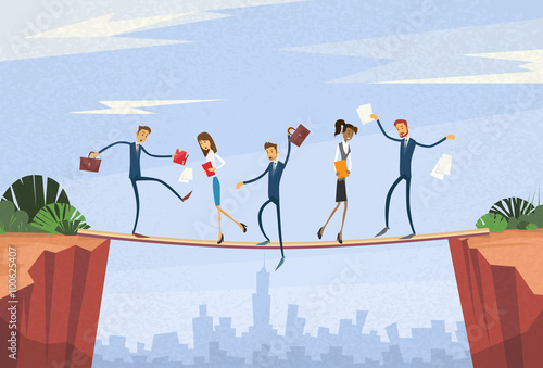 Businesspeople Group Unstable Shaking Over Cliff Team Problem