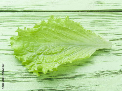 Salad on the green wooden background.
