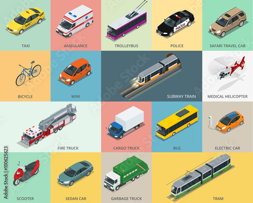 Flat 3d isometric city transport icon set. taxi, Ambulance, trolleybus, Police, safari travel car, Bicycle, Mini, Subway train, Fire truck, cargo truck, bus, Electric car, scooter, Sedan Car