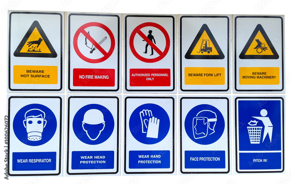 Signs with safety notices in factory