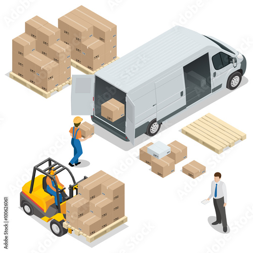Warehouse. Loading and unloading from warehouse. Delivery and logistic, storage and truck, transportation industry, delivery and logistic. Vector isometric illustration.