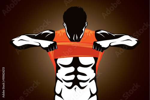 Healthy man showing abdominal muscles and strong body with taking off his orange shirt. 