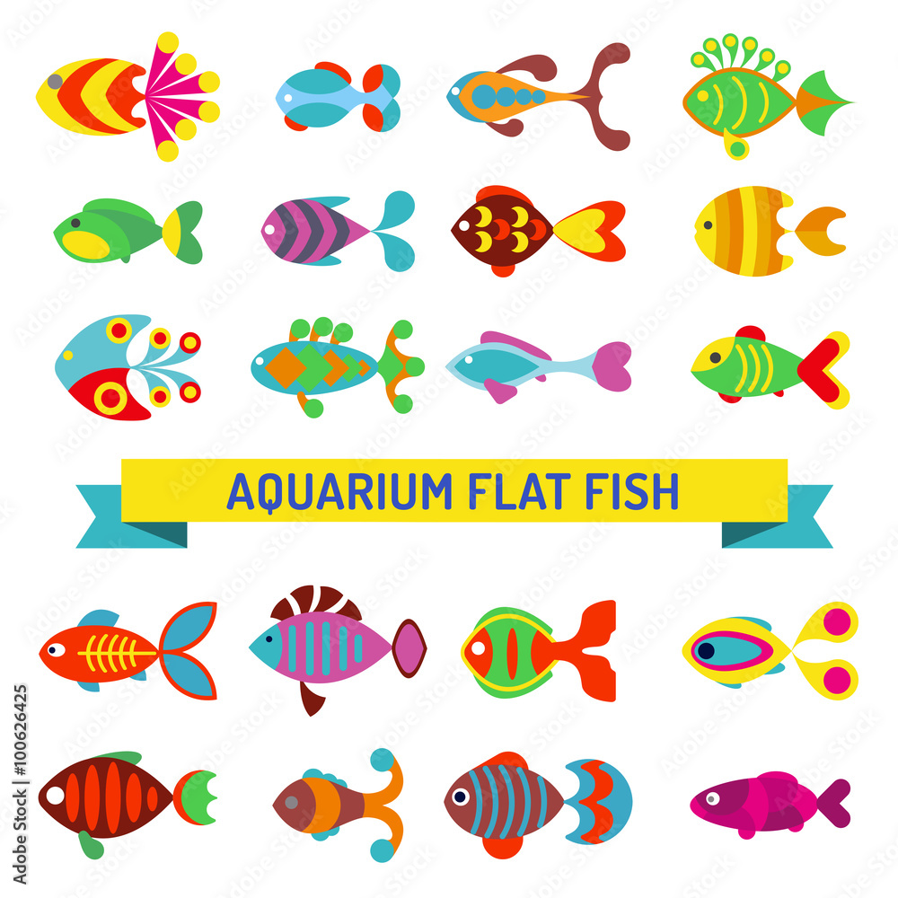 Aquarium flat style fishes vector icons