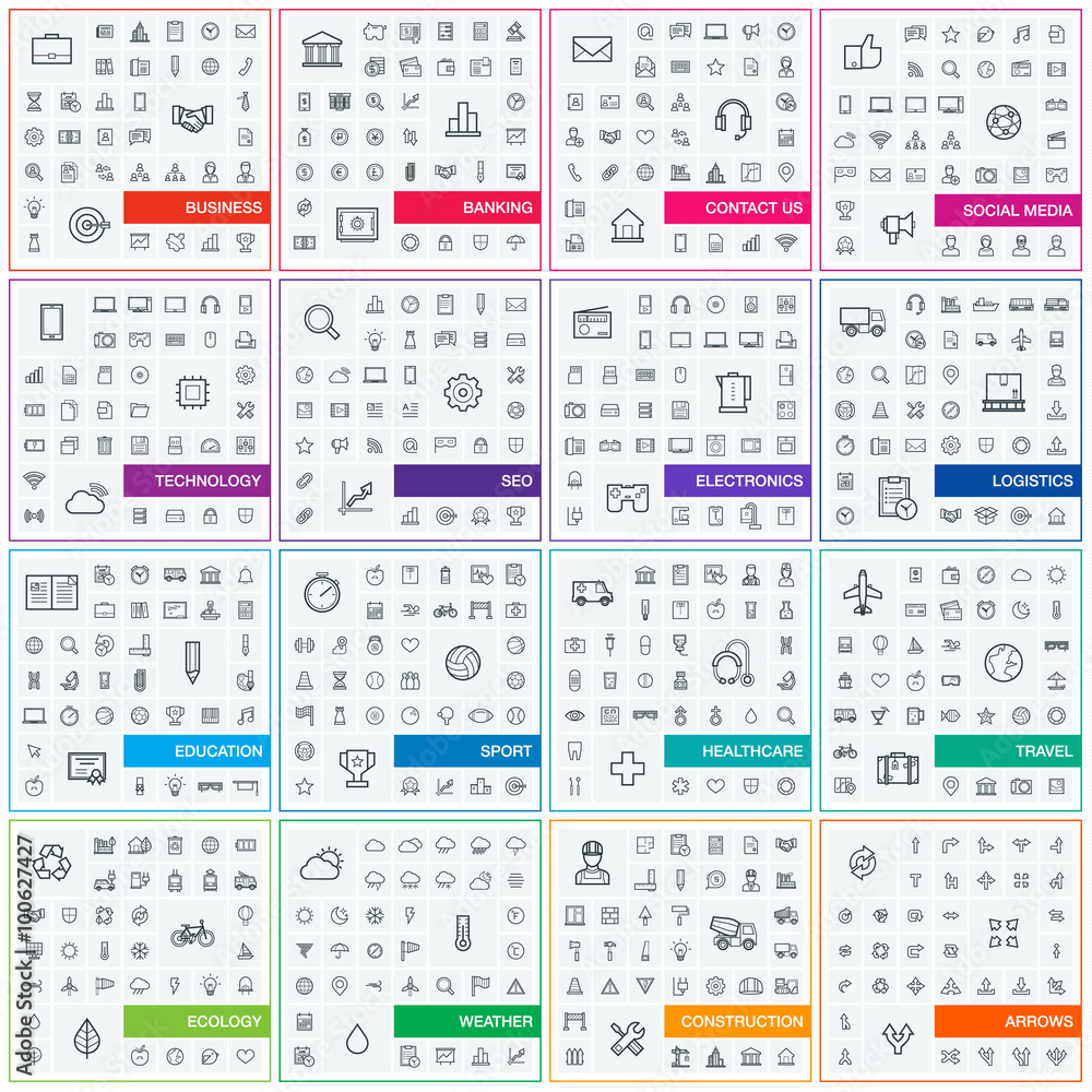 Vector illustration of thin line icons for business, banking, contact, social media, technology, seo, logistic, education, sport, medicine, travel, weather, construction, arrow. Linear symbols set. Vector illustration of thin line icons for business, banking, contact, social media, technology, seo, logistic, education, sport, medicine, travel, weather, construction, arrow. Linear symbols set.
