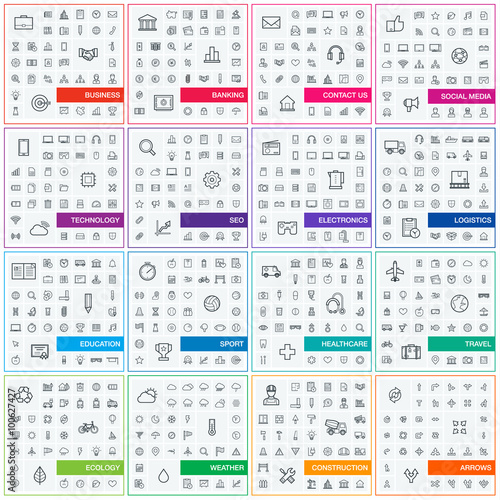 Vector illustration of thin line icons for business, banking, contact, social media, technology, seo, logistic, education, sport, medicine, travel, weather, construction, arrow. Linear symbols set.
