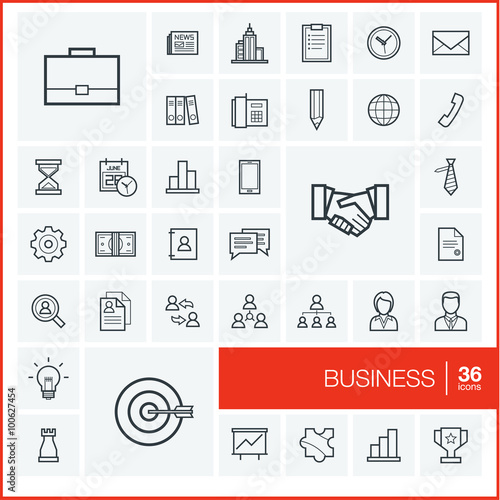 Vector thin line icons set and graphic design elements. Illustration with business and management outline symbols. Marketing research, strategy, service, career, mission, analytics linear pictogram