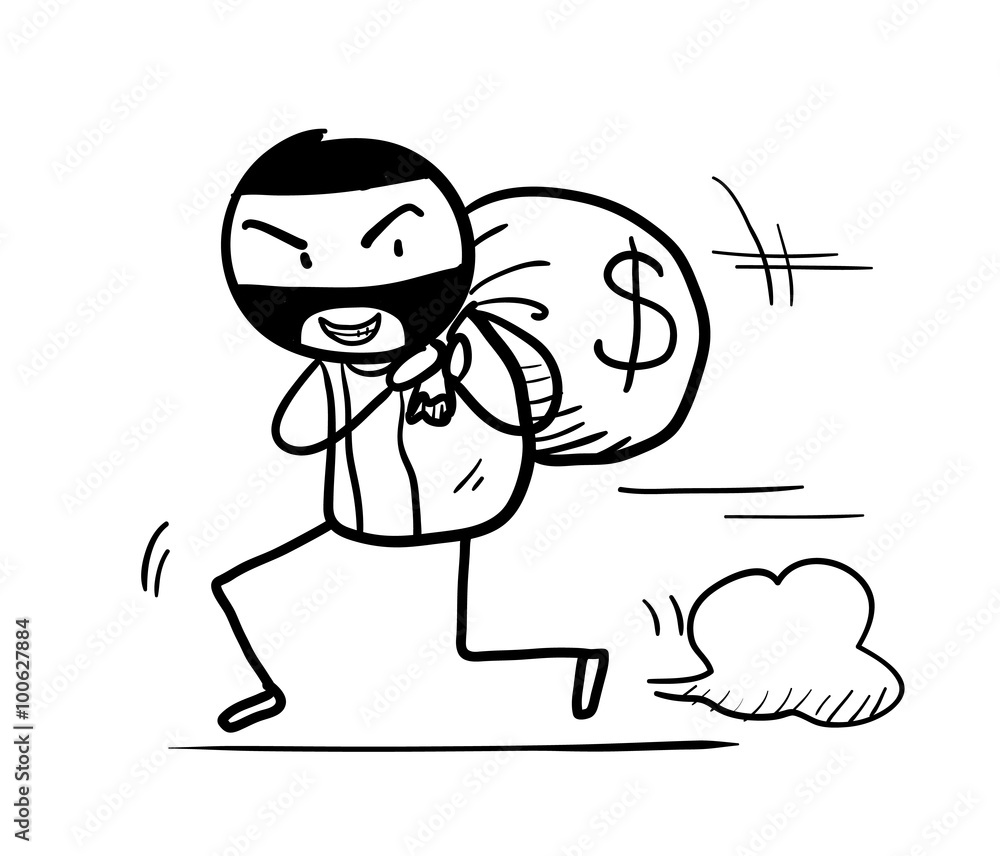 Money Theft Doodle, a hand drawn vector doodle illustration of a money theft running away with a bag full of cash. Money Theft Doodle, a hand drawn vector doodle illustration of a money theft running away with a bag full of cash.