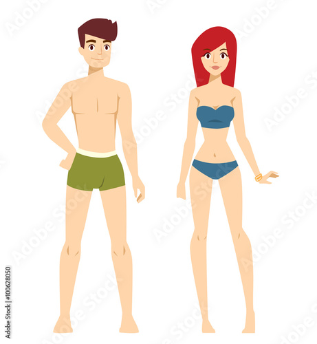 Beautiful vector cartoon nude couple fashion without clothes models look standing over background