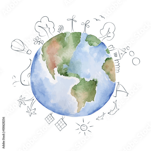 Vector watercolor Illustration --  green planet