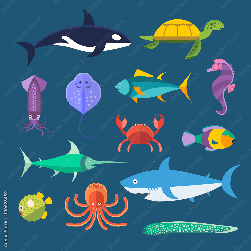 Vector set of sea marine fish and animals Vector set of sea marine fish and animals