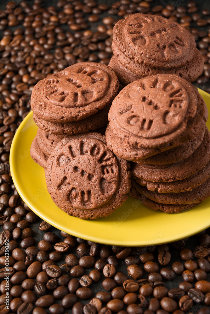 Homemade chocolate cookies on the coffee beans