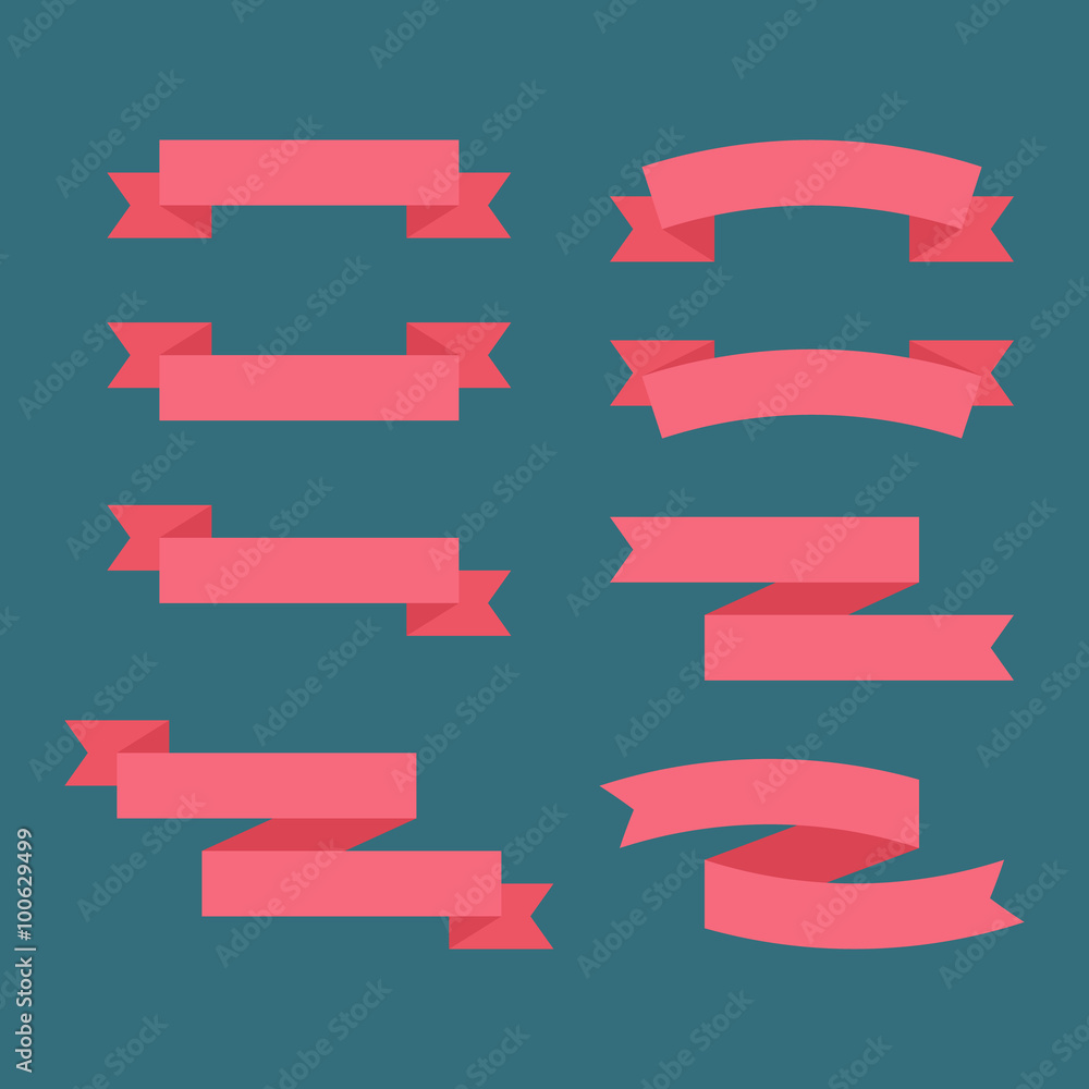 Flat vector red ribbon labels set. Red ribbons vector collection.
