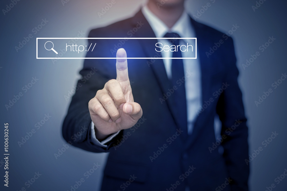business man clicking internet search page on computer touch scr business man clicking internet search page on computer touch scr