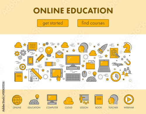 Line design concept web banner for online education and e-learni