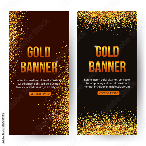 Gold banners with glitters and sparkles. Gold disco lights, vip background, luxury, exclusive and certificate pattern, gold voucher card. Web banner. Banner vector.