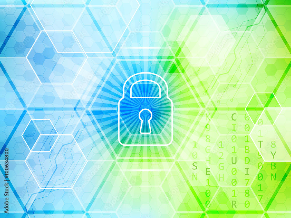 Abstract vector technological background with global security concept. Lock, hexagon and circuit board.