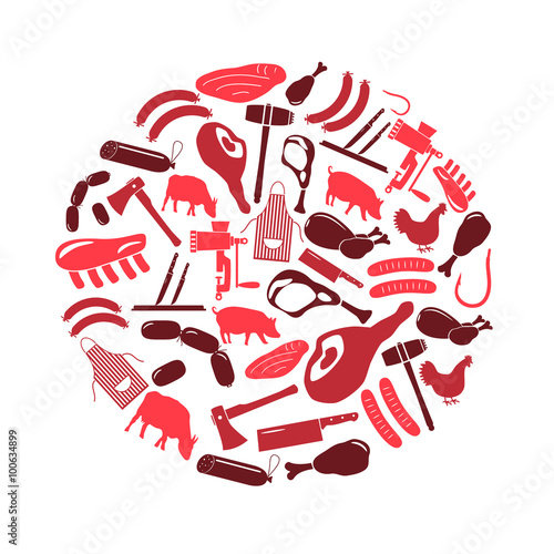 butcher and meat shop icons set in circle eps10