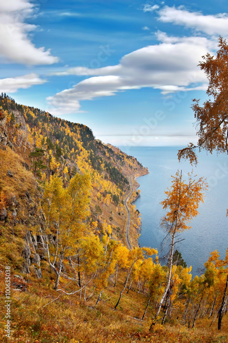 Circum-Baikal Railway on a background autumn forest.