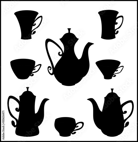 Vector isolated black tableware for tea and coffee.