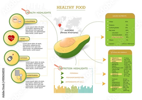 Main data and nutritional facts of the avocado: infographics of the avocado (Persea Americana)