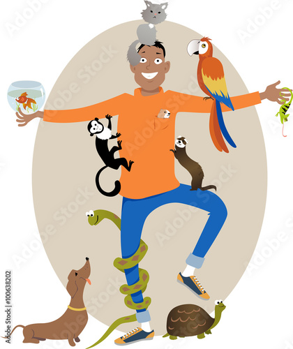 Pet Sitter. Smiling young man surrounded with different pet animals, EPS 8 vector illustration, no transparencies