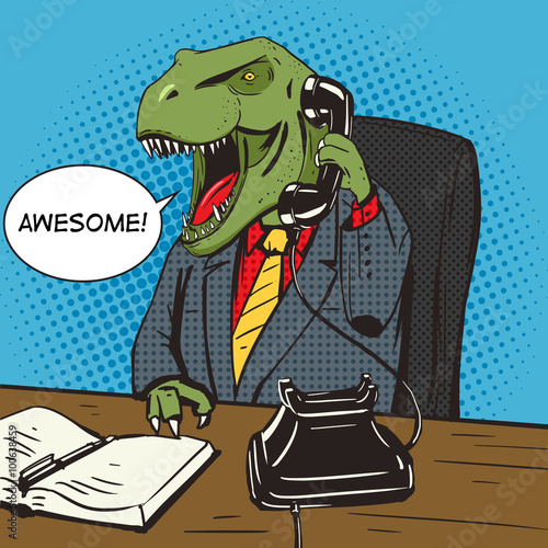Dinosaur businessman talks phone pop art vector