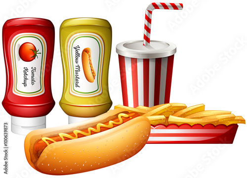 Hotdog and fries with two kind of sauces