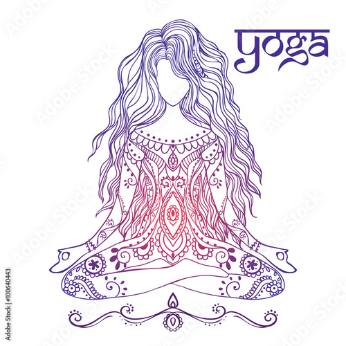 Ornament beautiful card with Vector yoga Geometric element hand drawn Types practices is Raja, Karma, Jnana, Bhakti, Hatha, kaleidoscope medallion yoga india arabic For logos banners flyers