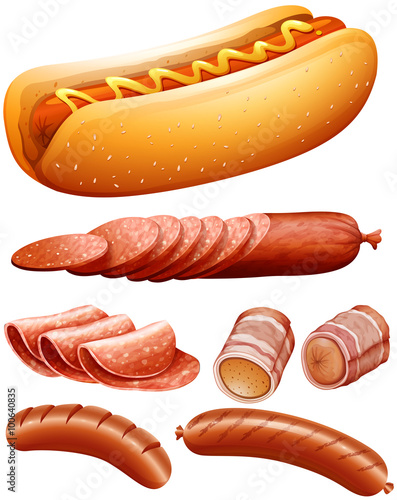 Different kind of meat and hotdog