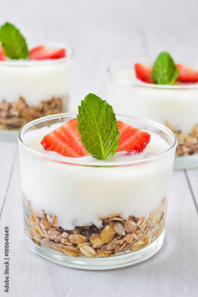 Yogurt with cereals,strawberries and milk Yogurt with cereals,strawberries and milk