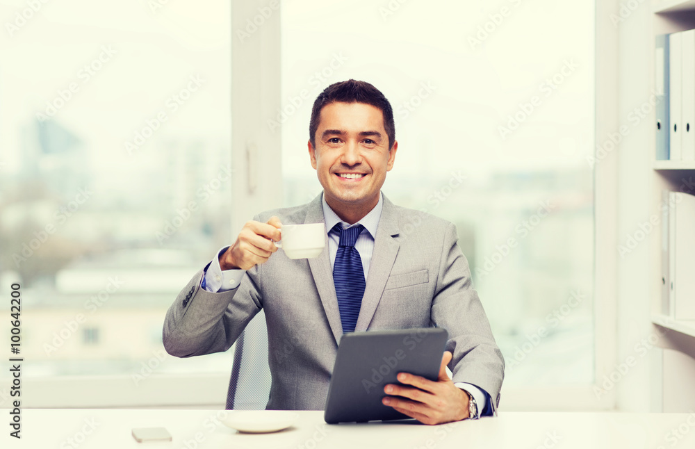 smiling businessman with tablet pc and coffee cup smiling businessman with tablet pc and coffee cup