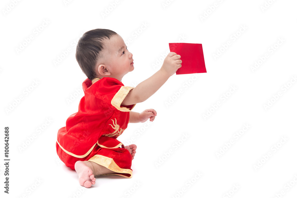 Cute Asian baby in traditional Chinese suit with red pocket, Cute Asian baby in traditional Chinese suit with red pocket,