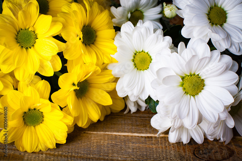 White and yellow oxeye daisy flowers bouquet on wooden background.