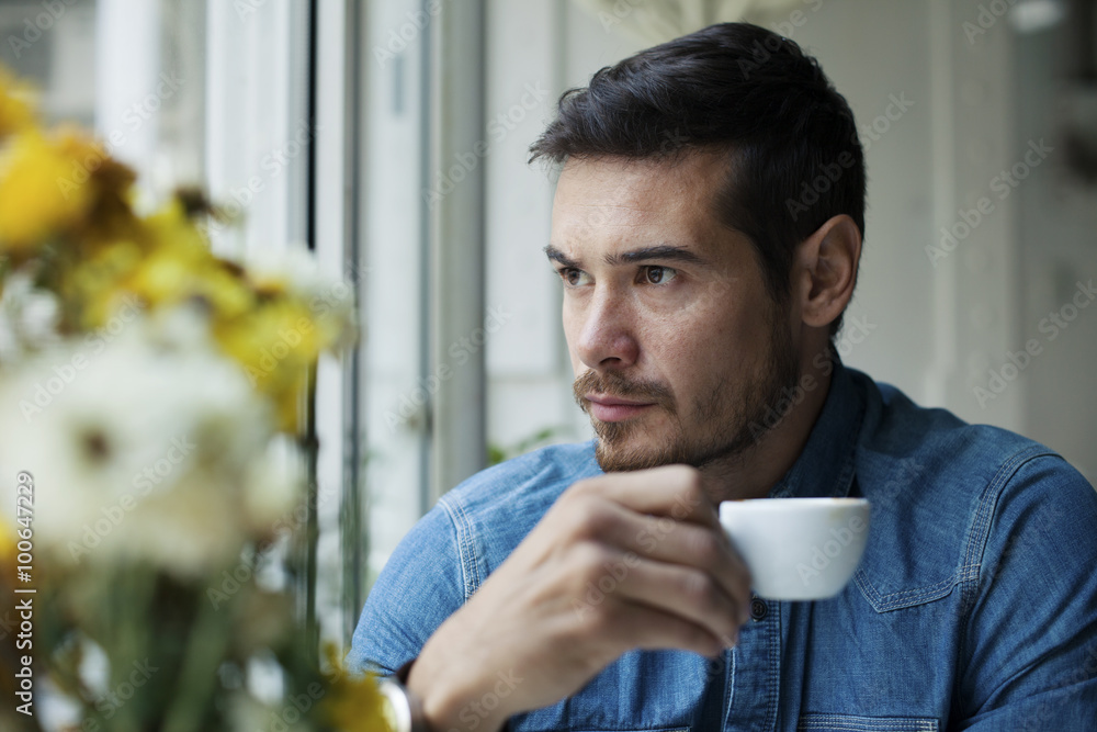 Handsome Man Drinking coffee From Cup Indoor Handsome Man Drinking coffee From Cup Indoor