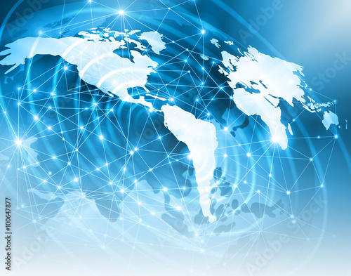 World map on a technological background, glowing lines symbols of the Internet, radio, television, mobile and satellite communications.