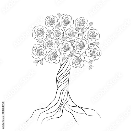 Decorative tree with flowers isolated on white background.