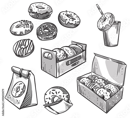  selection of donuts.  takeaway packaging. Fast food.
