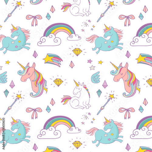 Magic hand drawn pattern - unicorn, rainbow and fairy wings