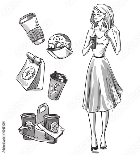 Girl having a snack. Donuts and coffee. Take away.