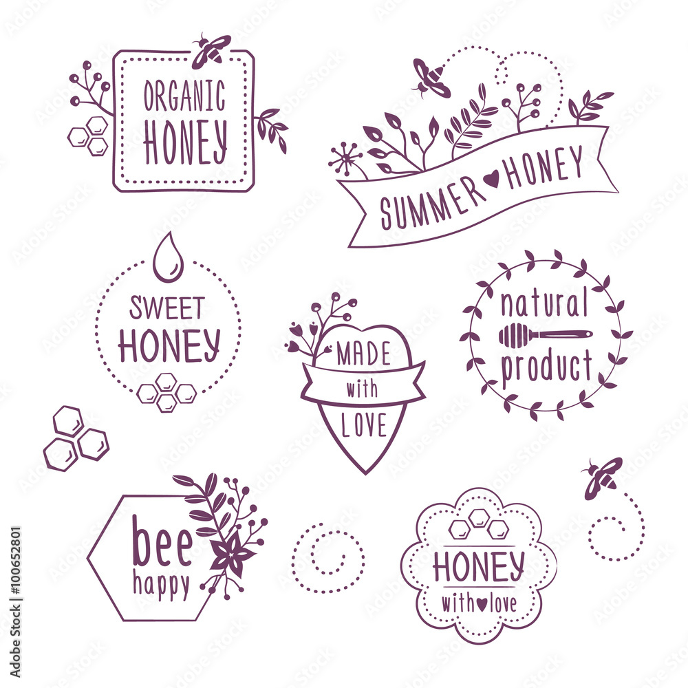 Fototapeta premium Summer floral honey labels, badges, organic honey logos