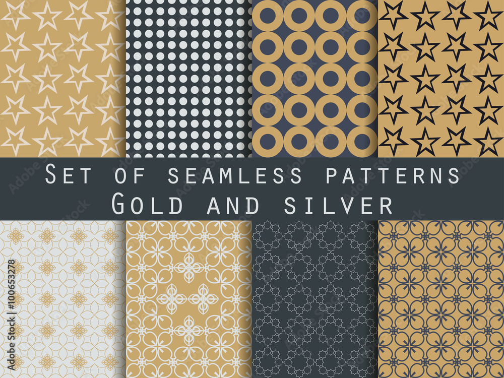 Set of seamless patterns. Geometric seamless pattern. Gold and silver.