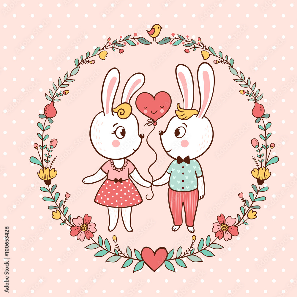 Bunny Love Invitation. Vector illustration with bunnies on a pink background. Perfect solution for a card on Valentine's Day. Bunny Love Invitation. Vector illustration with bunnies on a pink background. Perfect solution for a card on Valentine's Day.