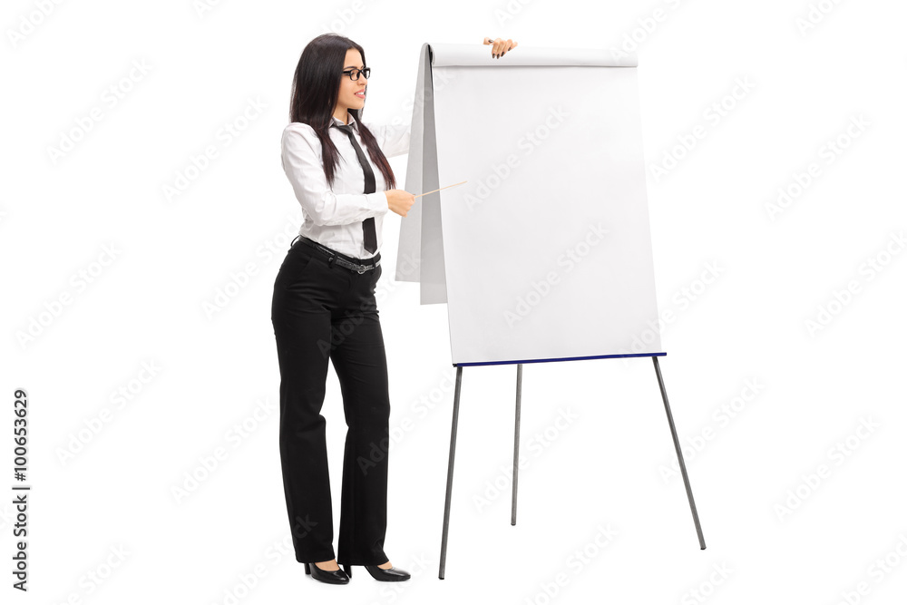 Female employee pointing on a presentation board