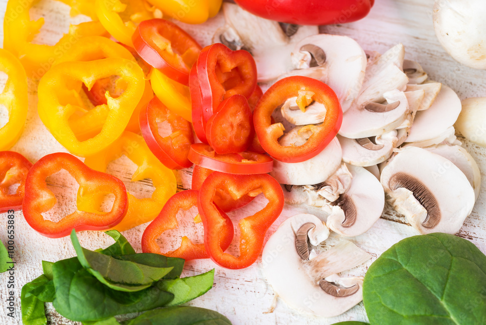 Cut vegetables on a cutting board - ingredients for omelette. Cut vegetables on a cutting board - ingredients for omelette.